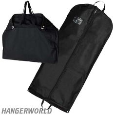 a black garment bag with the word hangerworld printed on it's side