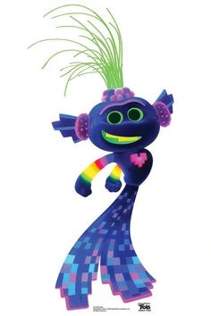 an image of a cartoon character with green hair and blue dress holding a rainbow colored object