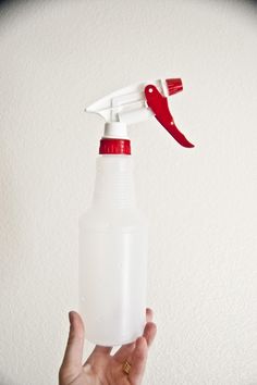 a hand holding a spray bottle with a red handle