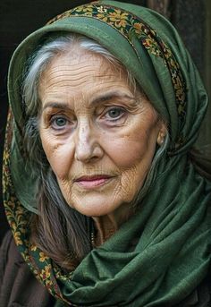 an old woman wearing a green headscarf and looking at the camera with blue eyes