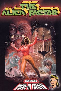 an advertisement for the alien factory featuring a woman dancing in front of two giant monsters