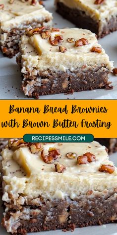 banana bread brownies with brown butter frosting are on a white plate and have been cut into squares