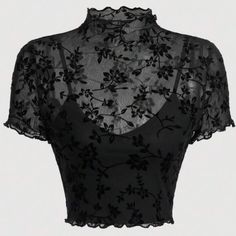 Black Summer Floral Print Lettuce Trim Mesh Overlay Top Black Sheer Mesh Top With Short Sleeves, Elegant Fitted Black Mesh Top, Elegant Black Stretch Mesh Top, Fitted Black Blouse For Summer, Black Stretch Mesh Top With Lace, Black Short Sleeve Mesh Top For Night Out, Black Cropped Mesh Top For Night Out, Black Stretch Lace Crop Top, Elegant Black Short Sleeve Crop Top