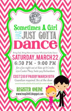 a pink and green flyer for a dance party with two people in front of it