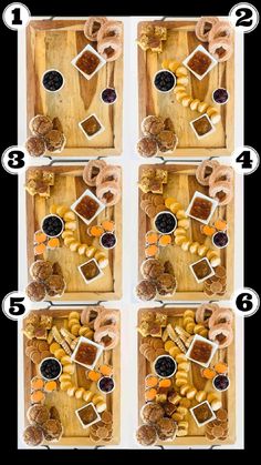 four pictures showing different types of food on a cutting board