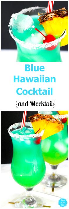 two blue hawaiian cocktails in glasses with strawberries on the rim and text overlay