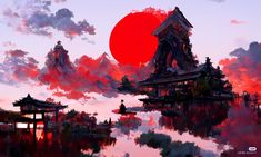 a painting of a red sun setting over the water with buildings and trees in the foreground