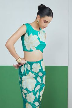 Green sleeveless crop top crafted in silk with gardenia zari applique and inverted V hem detailing. Paired with a matching pencil skirt. - Aza Fashions Elegant Sleeveless Silk Crop Top, Sleeveless Silk Crop Top For Party, Sleeveless Silk Sets For Spring, Green Floral Print Sleeveless Crop Top, Top With Pencil Skirt, Skirt For Women, Top Crafts, Womens Pencil Skirts, Sleeveless Crop Top