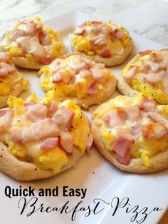 breakfast pizzas with ham and eggs are on a white plate next to the words quick and easy breakfast pizza