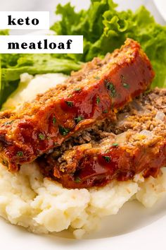 meatloaf with mashed potatoes and lettuce on the side