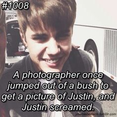 a young man and woman are smiling for the camera, with a quote about photographer once jumped out of a bush to get a picture of justin