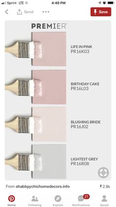 some paint colors that are being used for the project, including pink and grays