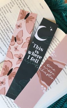 three bookmarks that say, this is where i tell them and one has a crescent on it