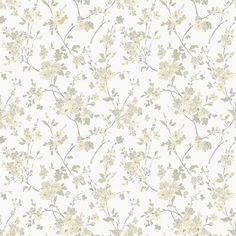 a white and blue flowered wallpaper with small flowers on the bottom half of it