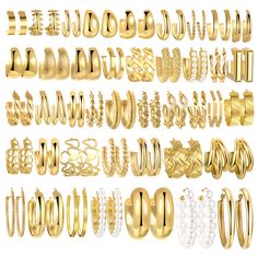 PRICES MAY VARY. Earring Set Includes: 42 pairs of gold hoop earrings in various sizes and styles Design: Chunky, polished gold hoops with pearl accents for a modern look Material: Hypoallergenic, durable gold for long-lasting use Versatile: Perfect for any occasion, from casual to formal events 42 pairs Gold hoop earrings set for women，chunky style Big Hoops Earrings, Earring Pack, Rectangular Earrings, Chunky Gold Hoop Earrings, Chunky Pearls, Gold Earrings For Women, Chunky Hoop Earrings, Big Hoop Earrings, Gold Jewelry Earrings