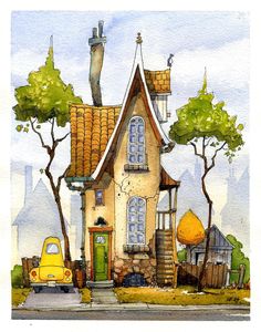 a watercolor painting of a house with a yellow truck parked in front of it