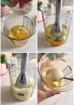 four pictures showing how to make an ice cream dessert in a blender with measuring cups and spoons