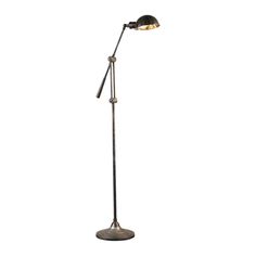 a black floor lamp with an adjustable arm and two lights on each side of it