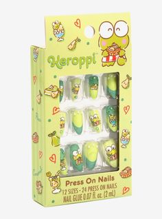 Add some cuteness to your manicure with this press-on nail set! These green nails feature Keroppi  pearls  sweet desserts  and green glitter for extra glam. It elevates any look with Sanrio style! A BoxLunch Exclusive! Kerropi Nail Designs, Sanrio Style, Sanrio Keroppi, Halloween Press On Nails, Punk Nails, Hello Kitty Themes, Princess And The Frog, Princess Tiana