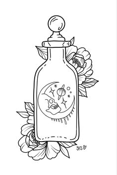 an ink drawing of a bottle with flowers around it