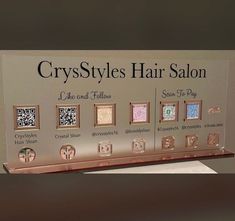 a sign with some pictures on it that says crystyles hair salon