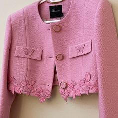 Chanel Style Jacket Pattern, Black Leather Fringe Jacket, Bow Jacket, Pink Tweed Jacket, Chanel Style Jacket, Pink Jacket Blazer, Animal Print Jeans, Woven Cardigan, Embellished Denim Jacket