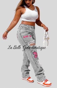 Nia hole fashion jeans - La Belle Gina Boutique Spring Denim Pants With Letter Print, Letter Print Denim Jeans For Fall, Spring Letter Print Denim Pants, Fall Letter Print Denim Jeans, Trendy Ripped Cropped Jeans, Trendy Ripped Fitted Pants, Trendy Fitted Ripped Pants, Ripped Non-stretch Pants For Streetwear, Non-stretch Ripped Pants For Streetwear