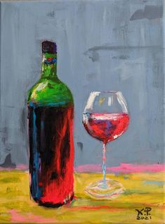 a painting of a wine glass and bottle sitting on a table next to each other