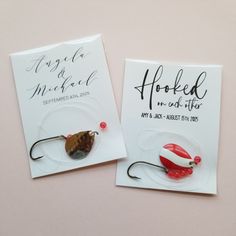 two greeting cards with fishing lures on them