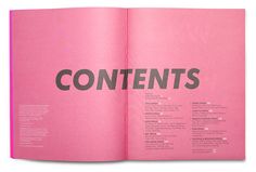 an open pink book with the word contents printed on it's front and back