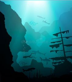 an underwater scene with fish swimming in the water royalty illustration