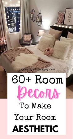 the bedroom is decorated in white and pink with text overlay that reads, 60 + room