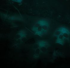 there are many skulls in the dark with light coming from them on the ground,