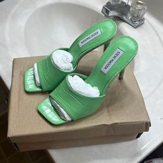 Brand New Steve Madden Green Mule Heels. Size 7.5 But Run Small 6.5-7 Green Heels With Reinforced Heel And Almond Toe, Green Almond Toe Heels With Reinforced Heel, Steve Madden Platform Heels, Pink Platform Heels, Girl Money, Bling Heels, Steve Madden Platform, Mule Heels, Rhinestone High Heels