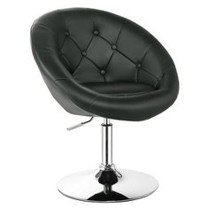 a black leather chair with chrome base and footrests on an isolated white background