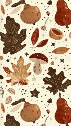 an image of autumn leaves and acorns on a white background with brown dots