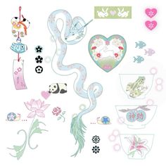 an assortment of decorative stickers on a white background with flowers, hearts and birds