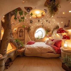 the bedroom is decorated in fairy - themed decor and has an arched window that looks like a mushroom house