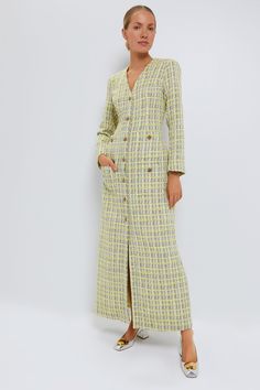 Citron Tweed Rafferty Dress | Tuckernuck Tweed Maxi Dress, Business Professional Outfits Dress, Professional Outfits Dress, Tweed Aesthetic, Business Professional Outfits, Green Tweed, Fall Denim, Power Suit, Sport Dress