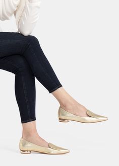 Pointy toe flat slip-on loafer in luxury gold soft grain nappa leather  The Lia Gold #flat #pointedtoe #loafer #leather #italianleather #gold #goldloafer #shoes #womensshoe