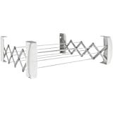 a white metal shelf with two rails on it