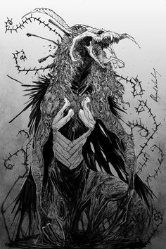 a black and white drawing of a demon holding a cell phone