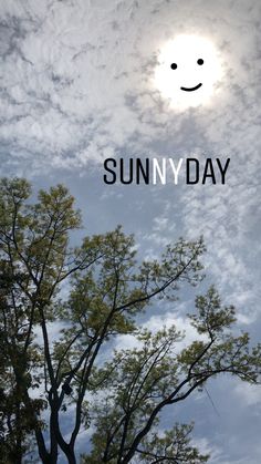 the sun is shining over some trees and clouds in the sky with words that read sunny day