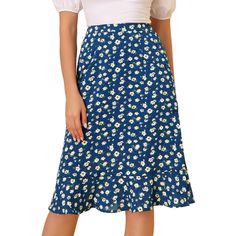 Through the summer seasons in this effortlessly chic flowy skirt. In a midi silhouette that wraps around, this skirt exudes the spring-summer feel you can't wait for. Sitting high on the waist, the light and breezy fabric trimmed with ruffles falls to a split skirt for impact and movement as you walk. Cut in a flared shape, this skirt is designed with a button closure at the side flattering for showing your looming legs. Adding a beautiful floral flourish for feminine appeal, this style is a fus Floral Long Skirt Outfit, Split Midi Skirt, Long Floral Skirt, Long Skirt Outfits, Rock Outfit, Split Skirt, Outfits Spring, Floral Midi Skirt, Black Midi Skirt