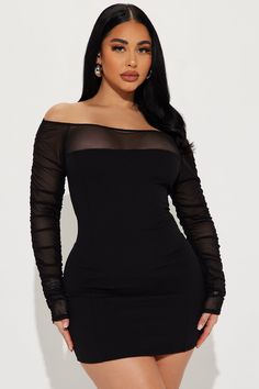 Available In Black. Crepe Mini Dress Off Shoulder Mesh Long Sleeves Ruched Stretch Length = 33" Shell: 95% Polyester 5% Spandex Contrast: 100% Polyester Imported | Alice Crepe Mini Dress in Black size 2X by Fashion Nova Mini Dress Off Shoulder, Dress Off Shoulder, Leather Mini Dress, Mesh Long Sleeve, Curve Dresses, Matching Dresses, White Fashion, Mini Black Dress, Daily Outfits