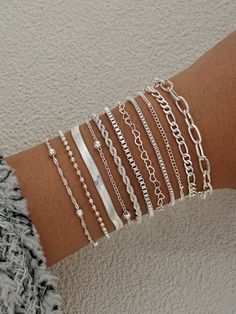 11pcs Simple Love Beaded Snake Chain Bracelet Set For Women, Perfect For Date, Vacation, Gift And Daily Wear Silver Fashionable   Zinc Alloy     Women Fashion Jewelry, size features are:Bust: ,Length: ,Sleeve Length: Beaded Snake, Simple Chain, Silver Bracelets For Women, Snake Chain Bracelets, Metal Bracelet, Women Bracelet