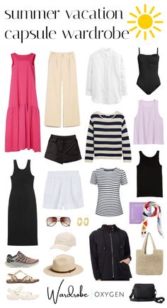 the capsule wardrobe for summer vacation in black, white and pink with text overlay