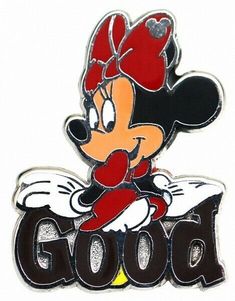 a mickey mouse pin with the word good on it's back and an image of minnie