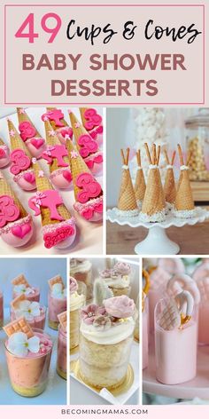 baby shower desserts with pink frosting and ice cream cones on top, cupcakes in the middle