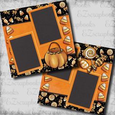 two frames with candy and candies on them, one has an image of a pumpkin